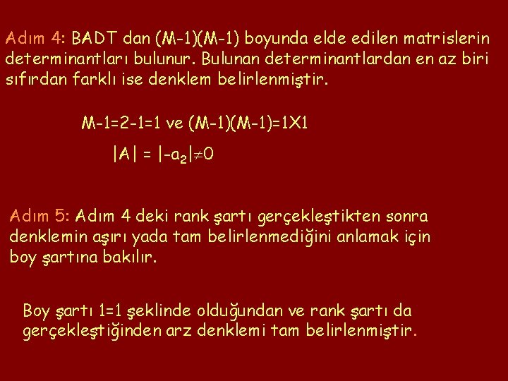 Adım 4: BADT dan (M-1) boyunda elde edilen matrislerin determinantları bulunur. Bulunan determinantlardan en