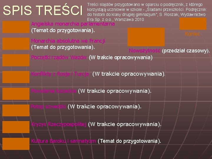 SPIS TREŚCI Treści slajdów przygotowano w oparciu o podręcznik, z którego korzystają uczniowie w