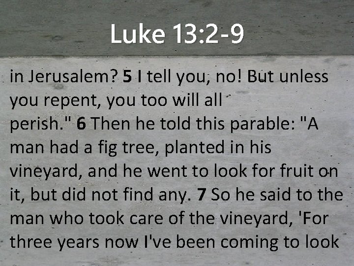 Luke 13: 2 -9 in Jerusalem? 5 I tell you, no! But unless you