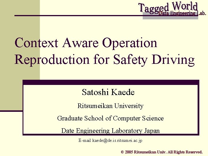 Context Aware Operation Reproduction for Safety Driving Satoshi Kaede　 Ritsumeikan University Graduate School of