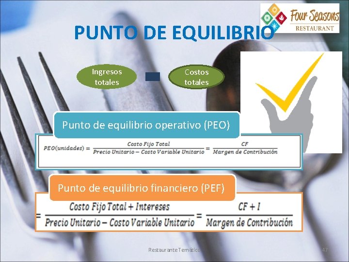 PUNTO DE EQUILIBRIO Ingresos totales Costos totales Punto de equilibrio operativo (PEO) Punto de