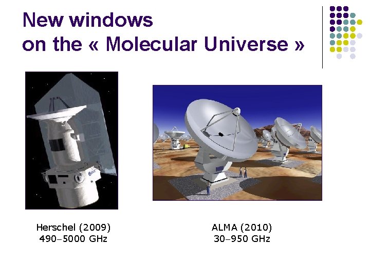 New windows on the « Molecular Universe » Herschel (2009) 490 5000 GHz ALMA