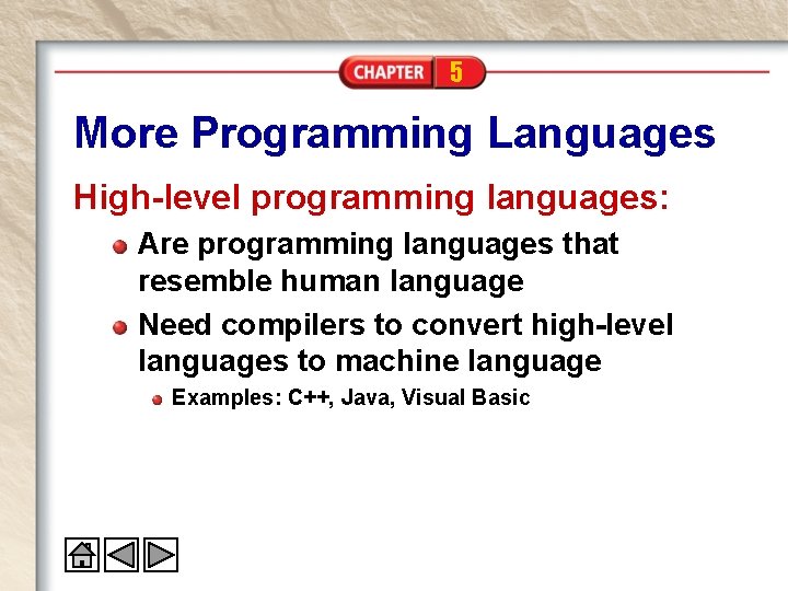 5 More Programming Languages High-level programming languages: Are programming languages that resemble human language