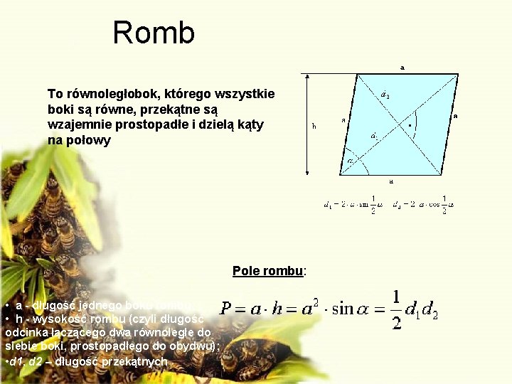 Romb To równoległobok, którego wszystkie boki są równe, przekątne są wzajemnie prostopadłe i dzielą