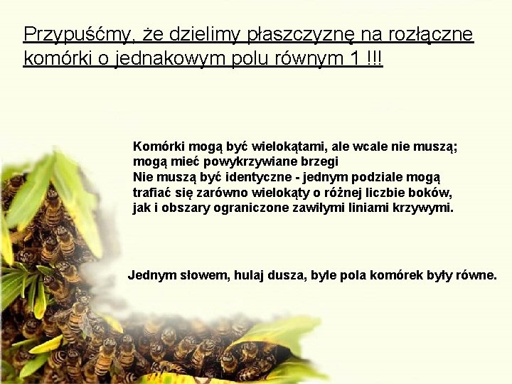 Przypuśćmy, że dzielimy płaszczyznę na rozłączne komórki o jednakowym polu równym 1 !!! Komórki