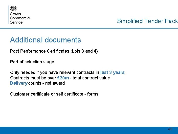 Simplified Tender Pack Additional documents Past Performance Certificates (Lots 3 and 4) Part of