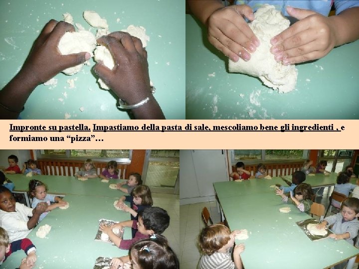 Impronte su pastella. Impastiamo della pasta di sale, mescoliamo bene gli ingredienti , e