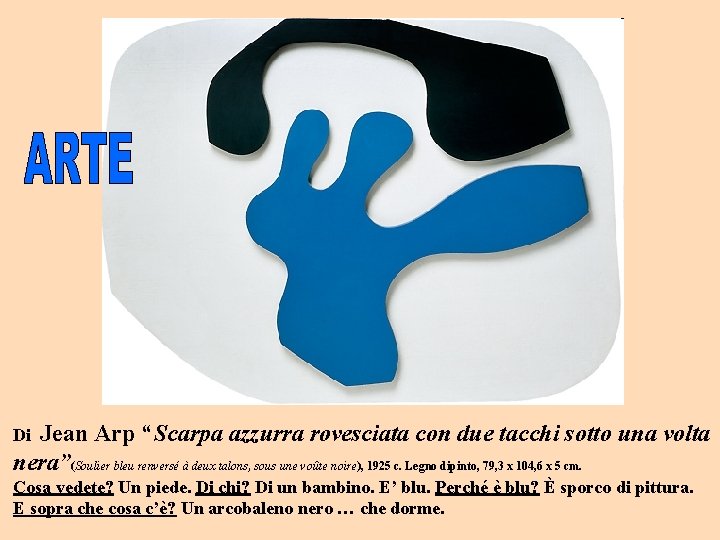 Di Jean Arp “Scarpa azzurra rovesciata con due tacchi sotto una volta nera”(Soulier bleu