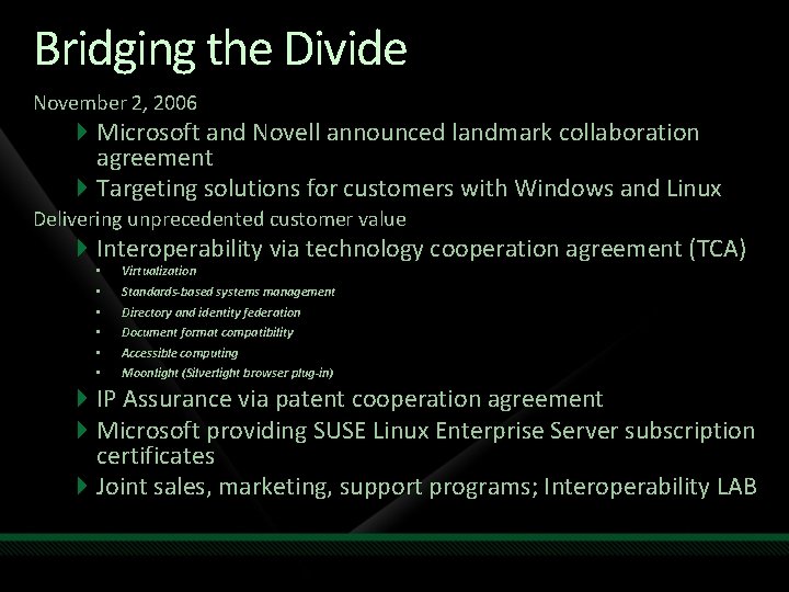 Bridging the Divide November 2, 2006 Microsoft and Novell announced landmark collaboration agreement Targeting