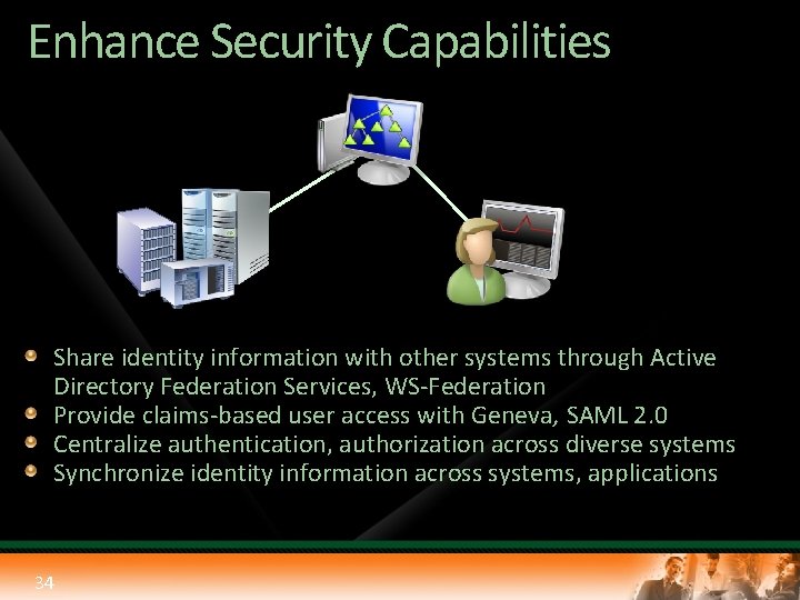 Enhance Security Capabilities Share identity information with other systems through Active Directory Federation Services,