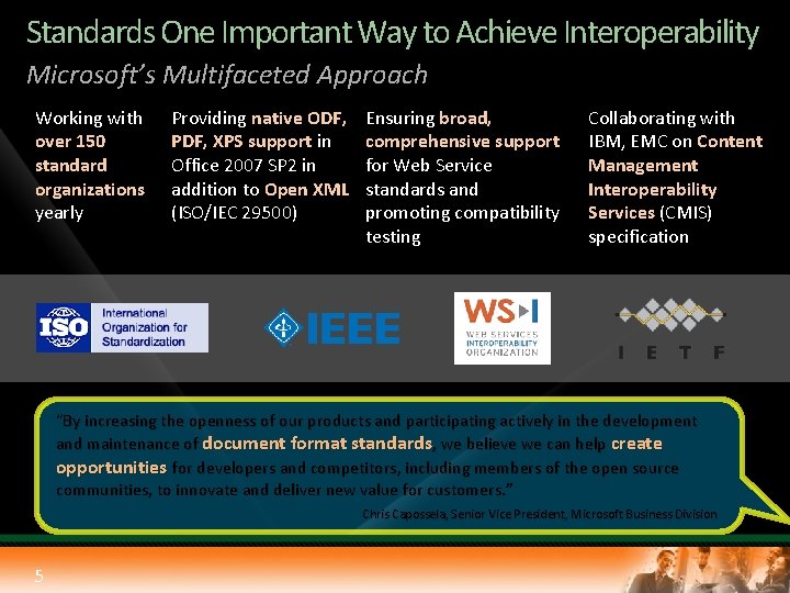 Standards One Important Way to Achieve Interoperability Microsoft’s Multifaceted Approach Working with over 150