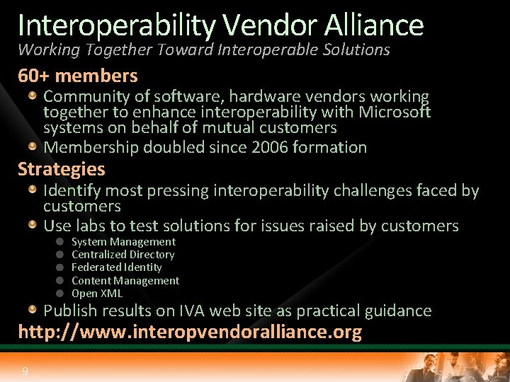 Interoperability Vendor Alliance Working Together Toward Interoperable Solutions 60+ members Community of software, hardware