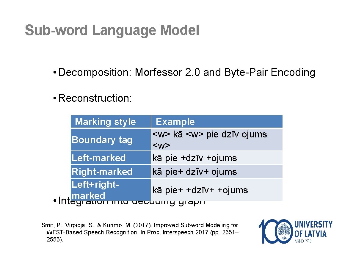 Sub-word Language Model • Decomposition: Morfessor 2. 0 and Byte-Pair Encoding • Reconstruction: Marking