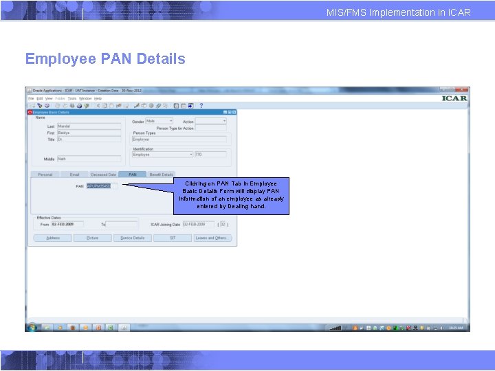 MIS/FMS Implementation in ICAR Employee PAN Details Clicking on PAN Tab in Employee Basic