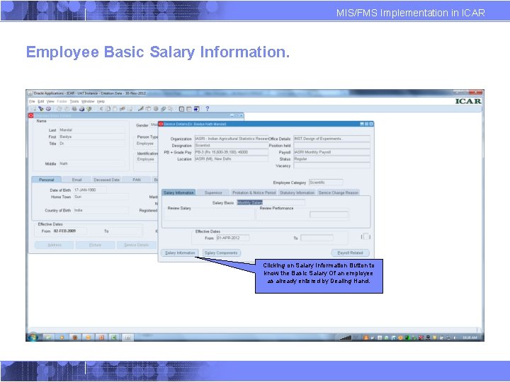 MIS/FMS Implementation in ICAR Employee Basic Salary Information. Clicking on Salary Information Button to