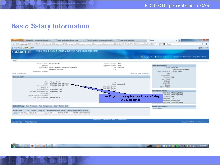MIS/FMS Implementation in ICAR Basic Salary Information New Page will display Monthly & Yearly