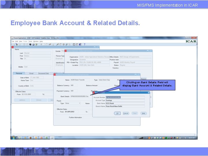 MIS/FMS Implementation in ICAR Employee Bank Account & Related Details. Clicking on Bank Details