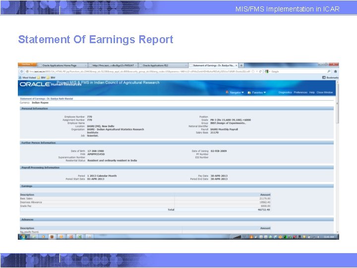 MIS/FMS Implementation in ICAR Statement Of Earnings Report 