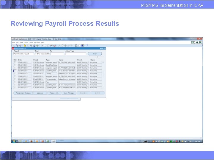 MIS/FMS Implementation in ICAR Reviewing Payroll Process Results 