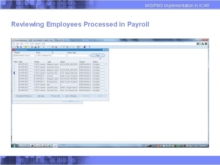 MIS/FMS Implementation in ICAR Reviewing Employees Processed in Payroll 