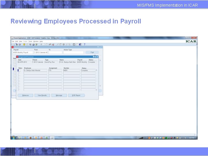 MIS/FMS Implementation in ICAR Reviewing Employees Processed in Payroll 