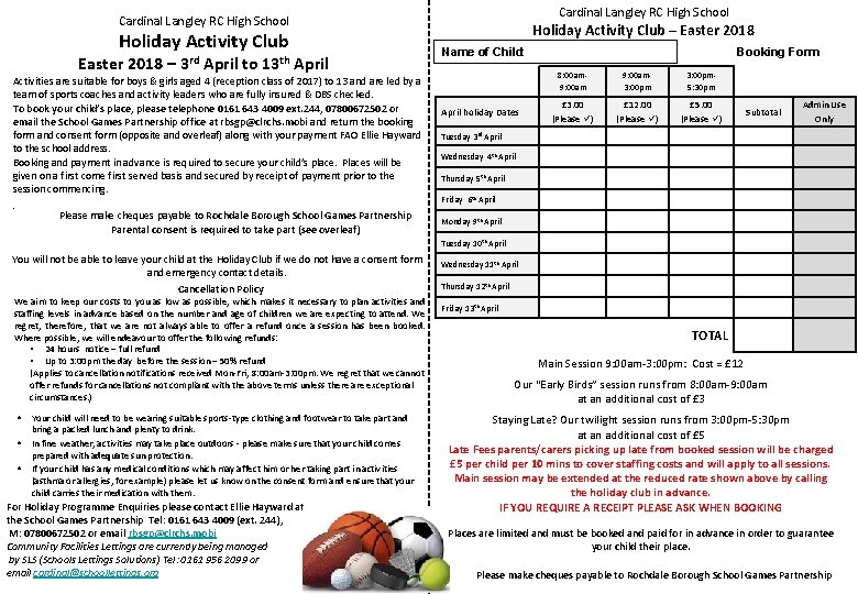 Cardinal Langley RC High School Holiday Activity Club Easter 2018 – 3 rd April