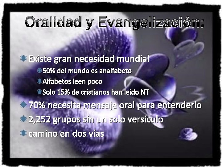 Oralidad y Evangelización: Existe gran necesidad mundial 50% del mundo es analfabeto Alfabetos leen