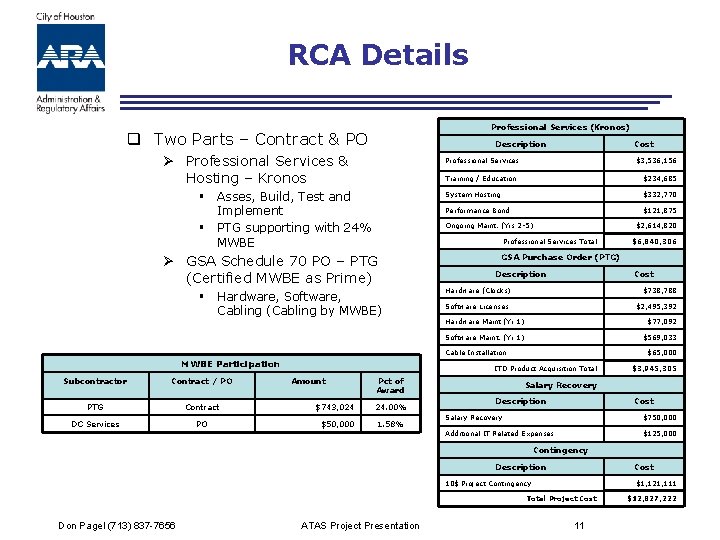 RCA Details Professional Services (Kronos) q Two Parts – Contract & PO Description Ø