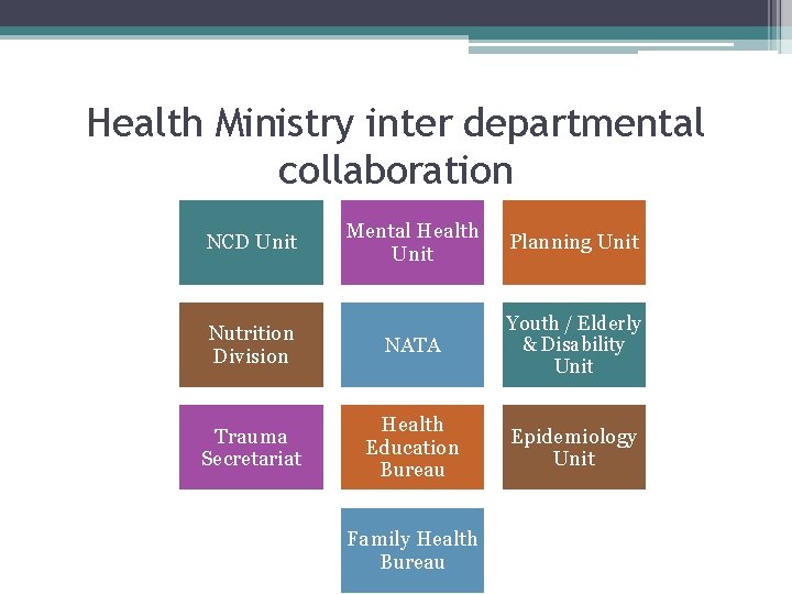 Health Ministry inter departmental collaboration Mental Health Unit Planning Unit Nutrition Division NATA Youth