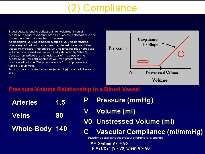 (2) Compliance Blood vessels tend to collapse at low volumes. Internal pressure is equal