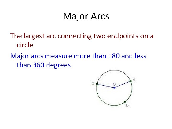 Major Arcs The largest arc connecting two endpoints on a circle Major arcs measure