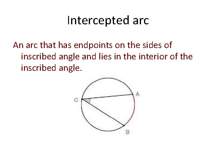 Intercepted arc An arc that has endpoints on the sides of inscribed angle and