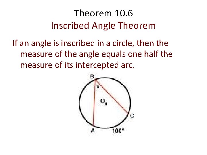 Theorem 10. 6 Inscribed Angle Theorem If an angle is inscribed in a circle,