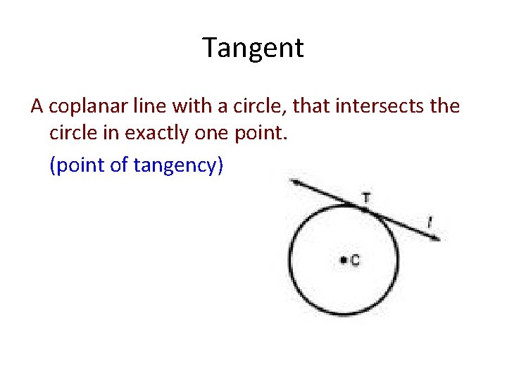 Tangent A coplanar line with a circle, that intersects the circle in exactly one