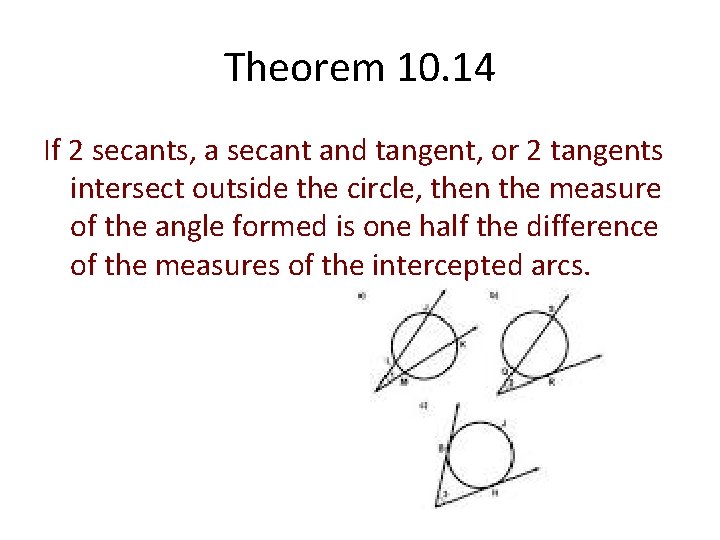 Theorem 10. 14 If 2 secants, a secant and tangent, or 2 tangents intersect