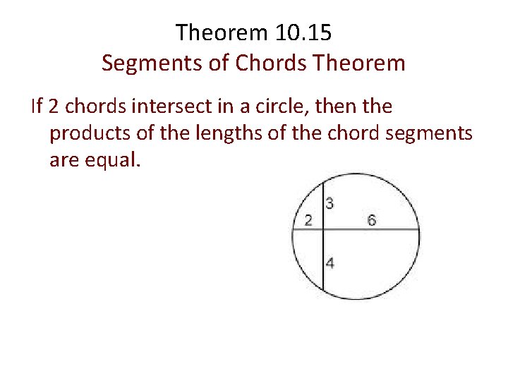 Theorem 10. 15 Segments of Chords Theorem If 2 chords intersect in a circle,