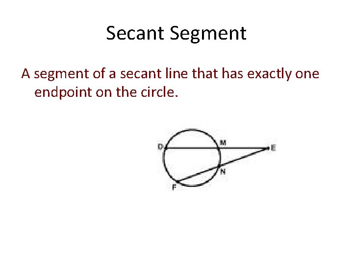 Secant Segment A segment of a secant line that has exactly one endpoint on