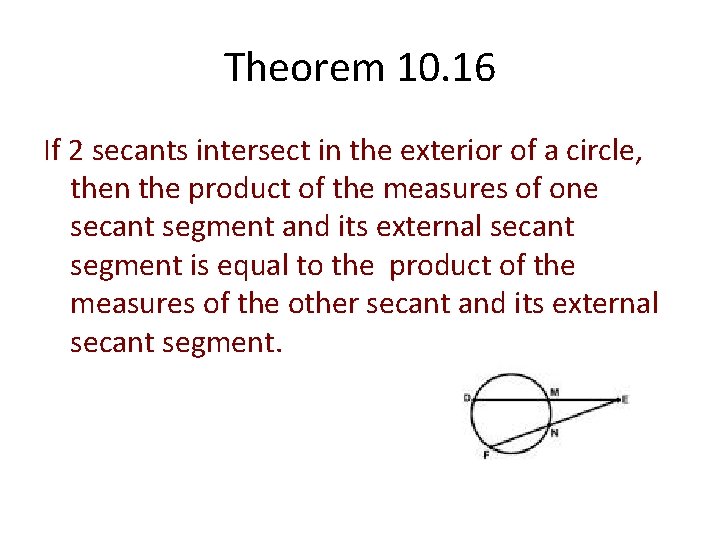 Theorem 10. 16 If 2 secants intersect in the exterior of a circle, then