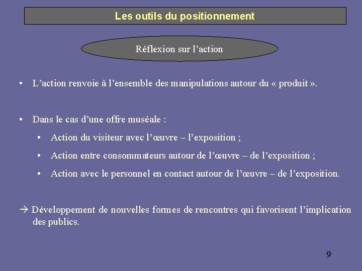 Les outils du positionnement Réflexion sur l’action • L’action renvoie à l’ensemble des manipulations