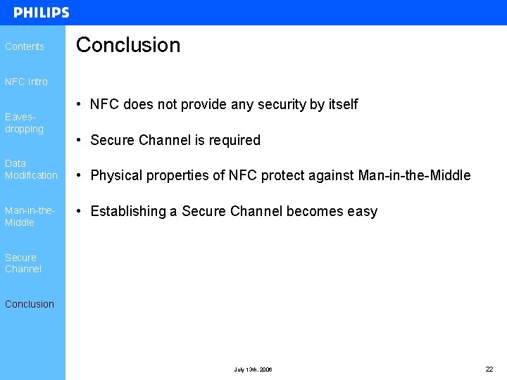 Contents Conclusion NFC Intro Eavesdropping Data Modification Man-in-the. Middle • NFC does not provide Contents Conclusion NFC Intro Eavesdropping Data Modification Man-in-the. Middle • NFC does not provide