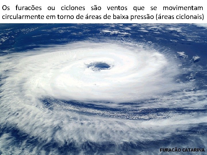 Os furacões ou ciclones são ventos que se movimentam circularmente em torno de áreas