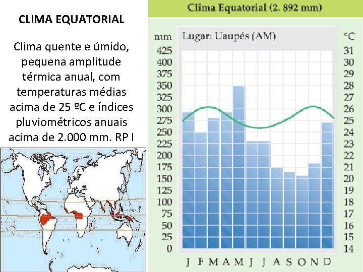 CLIMA EQUATORIAL Clima quente e úmido, pequena amplitude térmica anual, com temperaturas médias acima