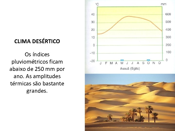 CLIMA DESÉRTICO Os índices pluviométricos ficam abaixo de 250 mm por ano. As amplitudes