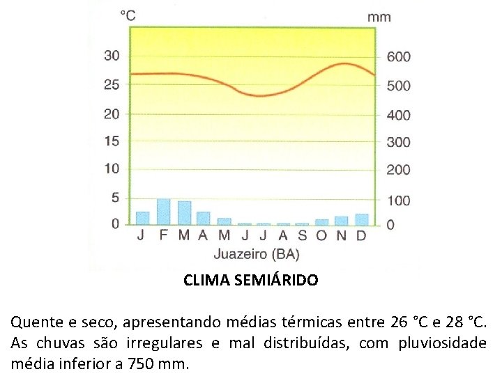 CLIMA SEMIÁRIDO Quente e seco, apresentando médias térmicas entre 26 °C e 28 °C.