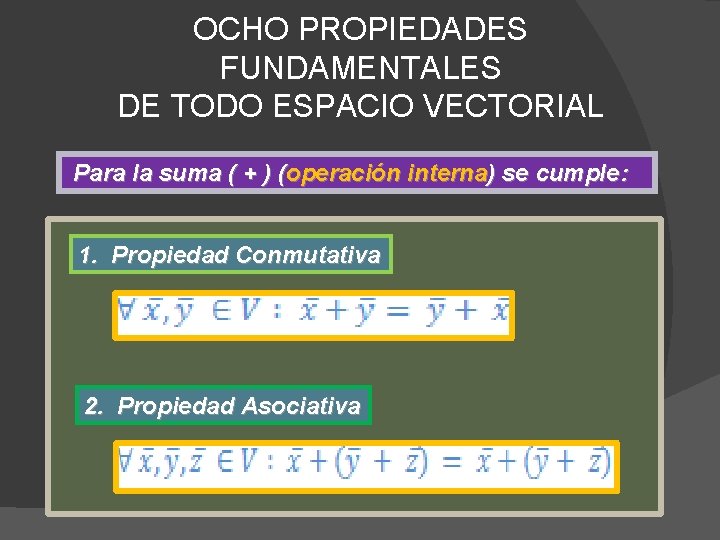 OCHO PROPIEDADES FUNDAMENTALES DE TODO ESPACIO VECTORIAL Para la suma ( + ) (operación