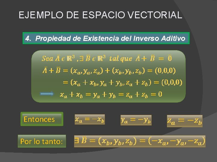 EJEMPLO DE ESPACIO VECTORIAL 4. Propiedad de Existencia del Inverso Aditivo Entonces Por lo