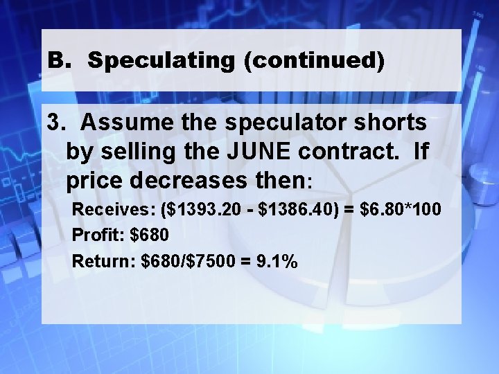 B. Speculating (continued) 3. Assume the speculator shorts by selling the JUNE contract. If