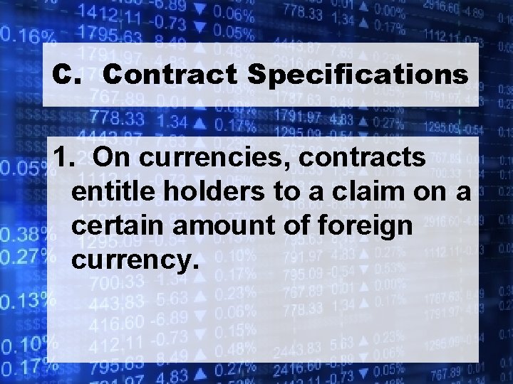 C. Contract Specifications 1. On currencies, contracts entitle holders to a claim on a