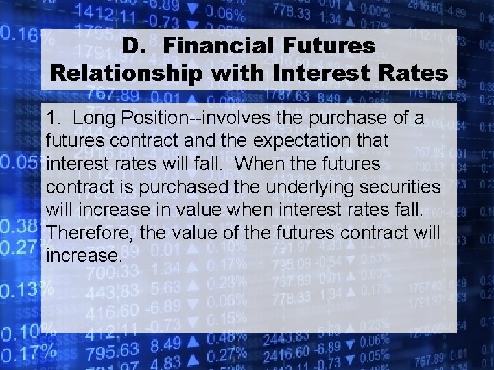 D. Financial Futures Relationship with Interest Rates 1. Long Position--involves the purchase of a