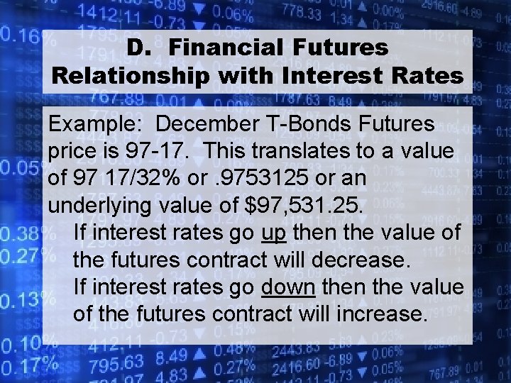 D. Financial Futures Relationship with Interest Rates Example: December T-Bonds Futures price is 97